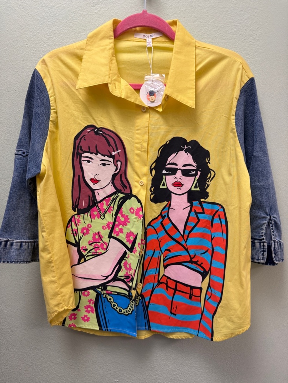 Pastels Yellow Button-Down Shirt with Graphic Print and Denim Sleeves
